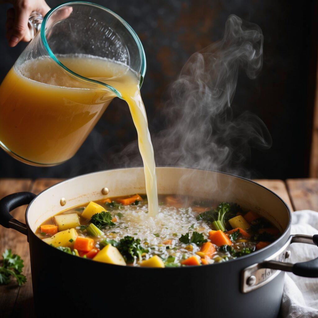 Leonardo Phoenix Vegetable broth being poured into a pot fille 0